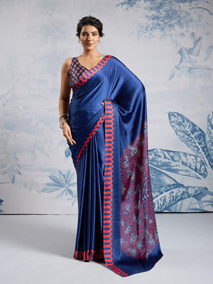 Blue Printed Ajarakh Satin Crepe Saree With Blouse Piece