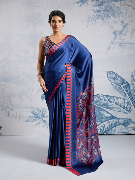 Blue Printed Ajarakh Satin Crepe Saree With Blouse Piece