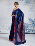 Blue Printed Ajarakh Satin Crepe Saree With Blouse Piece