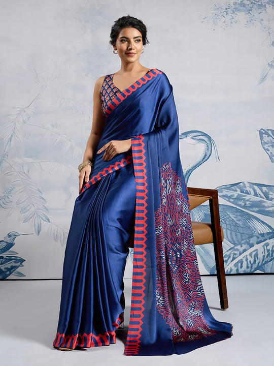 Blue Printed Ajarakh Satin Crepe Saree With Blouse Piece