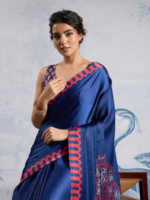 Blue Printed Ajarakh Satin Crepe Saree With Blouse Piece