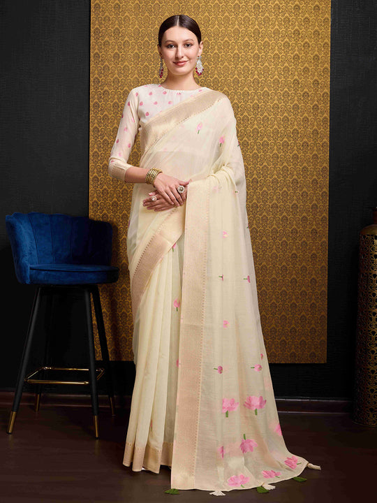 Cream Linen Festive Wear Saree With Blouse Piece