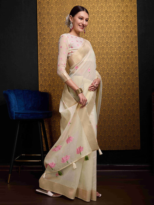 Cream Linen Festive Wear Saree With Blouse Piece