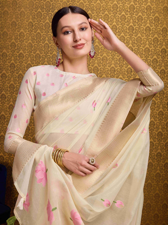 Cream Linen Festive Wear Saree With Blouse Piece
