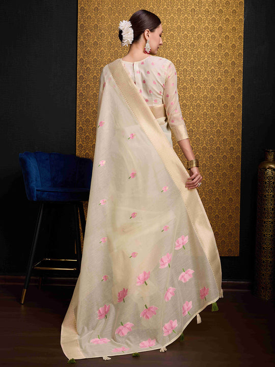 Cream Linen Festive Wear Saree With Blouse Piece