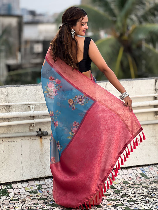 Blue Banarasi Silk Blend Saree With Blouse Piece