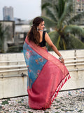 Blue Banarasi Silk Blend Saree With Blouse Piece