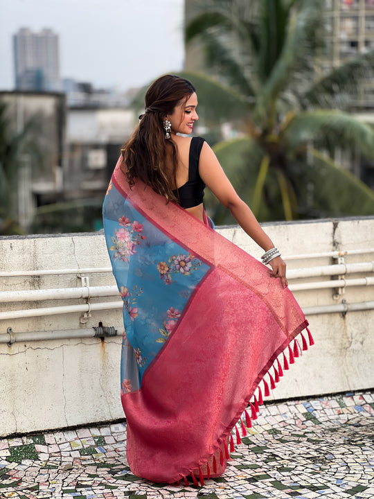 Blue Banarasi Silk Blend Saree With Blouse Piece