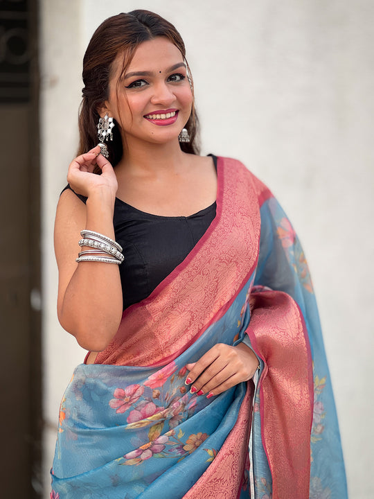 Blue Banarasi Silk Blend Saree With Blouse Piece