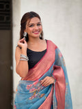 Blue Banarasi Silk Blend Saree With Blouse Piece