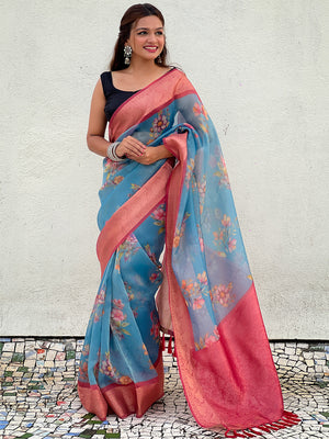 Blue Banarasi Silk Blend Saree With Blouse Piece