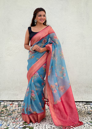 Blue Banarasi Silk Blend Saree With Blouse Piece