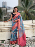 Blue Banarasi Silk Blend Saree With Blouse Piece