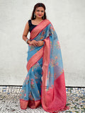 Blue Banarasi Silk Blend Saree With Blouse Piece