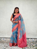 Blue Banarasi Silk Blend Saree With Blouse Piece