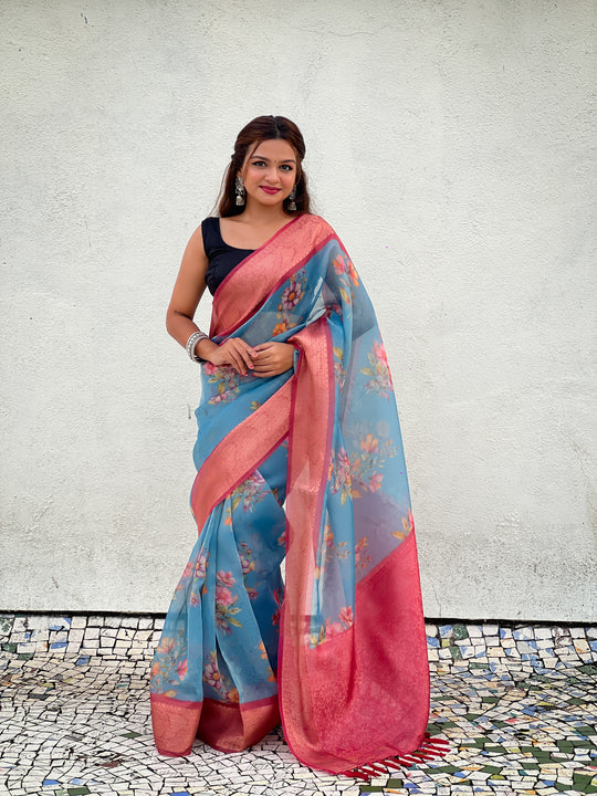 Blue Banarasi Silk Blend Saree With Blouse Piece
