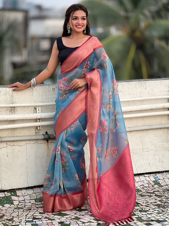 Blue Banarasi Silk Blend Saree With Blouse Piece