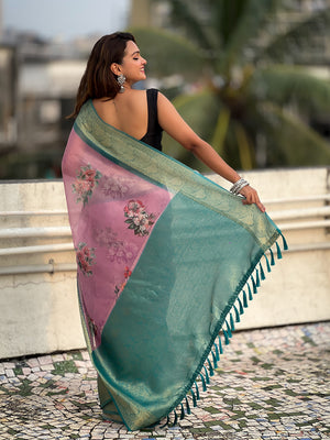 Lavender Banarasi Silk Blend Saree With Blouse Piece