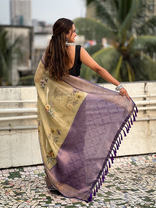 Mehandi Banarasi Silk Blend Saree With Blouse Piece