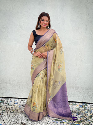Mehandi Banarasi Silk Blend Saree With Blouse Piece