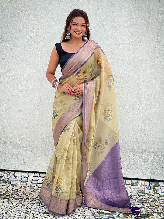 Mehandi Banarasi Silk Blend Saree With Blouse Piece