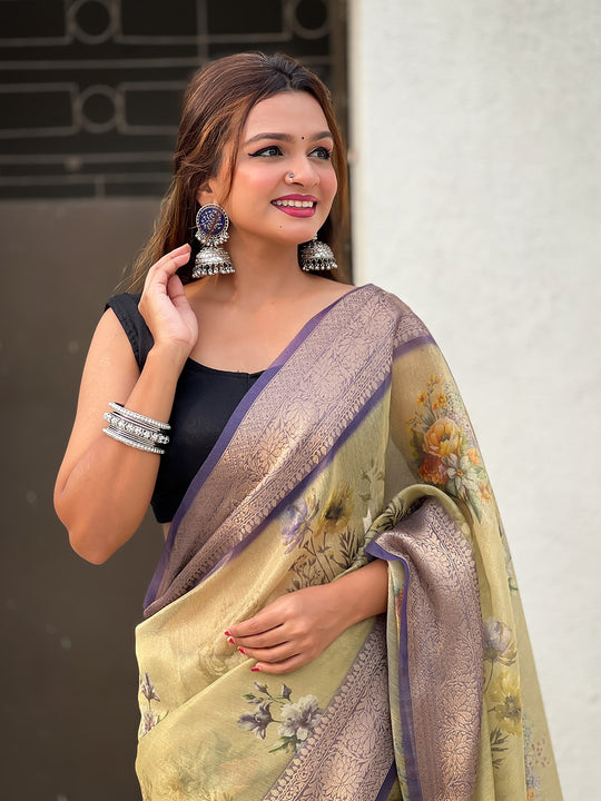 Mehandi Banarasi Silk Blend Saree With Blouse Piece