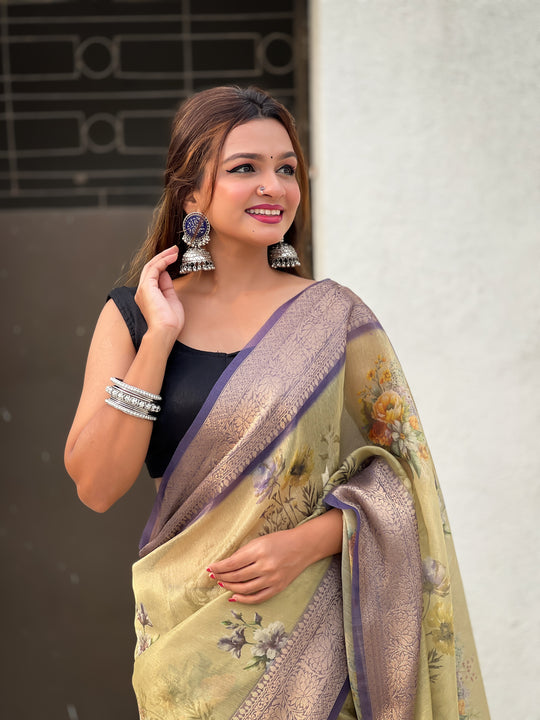 Mehandi Banarasi Silk Blend Saree With Blouse Piece