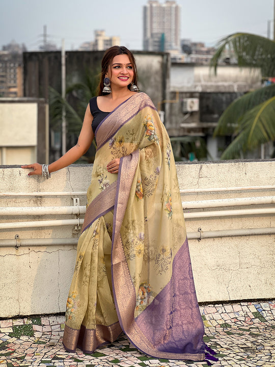 Mehandi Banarasi Silk Blend Saree With Blouse Piece
