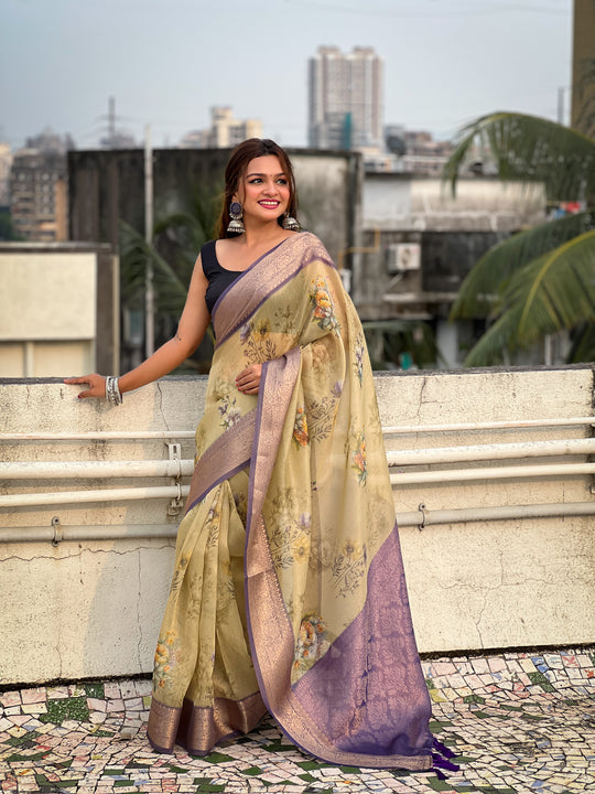 Mehandi Banarasi Silk Blend Saree With Blouse Piece