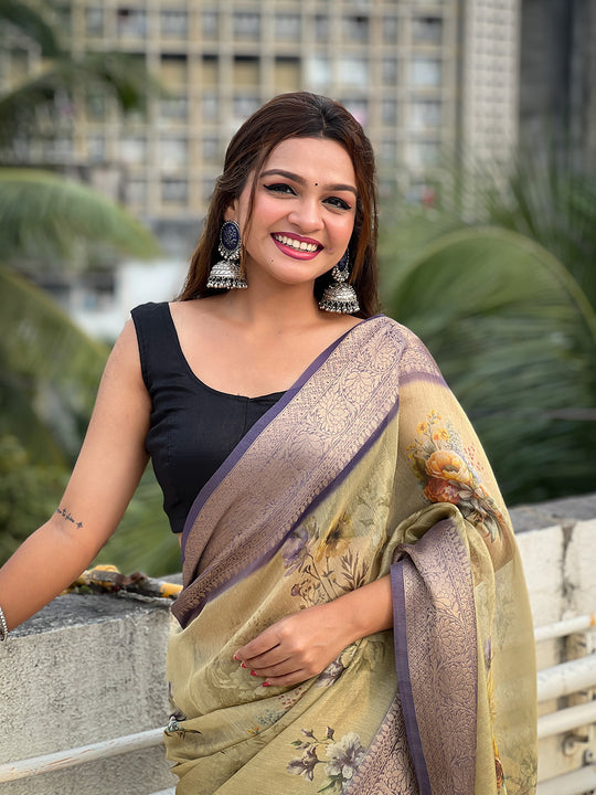 Mehandi Banarasi Silk Blend Saree With Blouse Piece