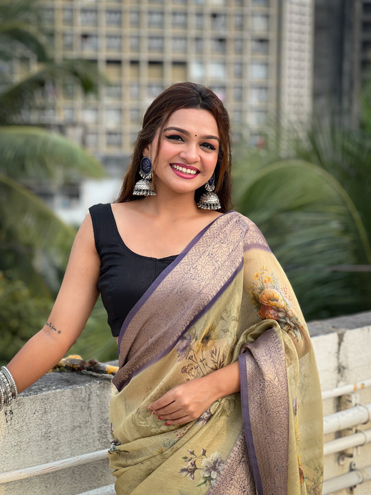 Mehandi Banarasi Silk Blend Saree With Blouse Piece