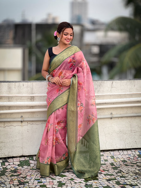 Pink Banarasi Silk Blend Saree With Blouse Piece