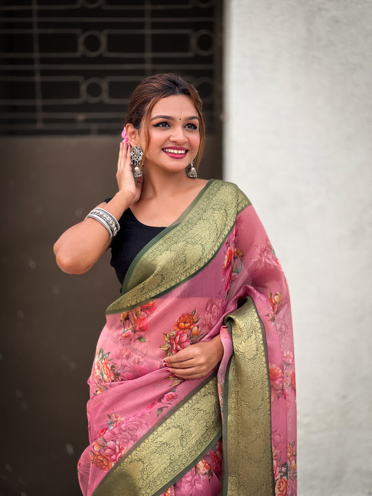 Pink Banarasi Silk Blend Saree With Blouse Piece