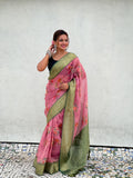 Pink Banarasi Silk Blend Saree With Blouse Piece