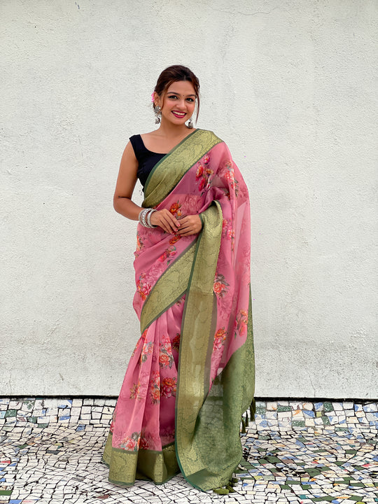 Pink Banarasi Silk Blend Saree With Blouse Piece