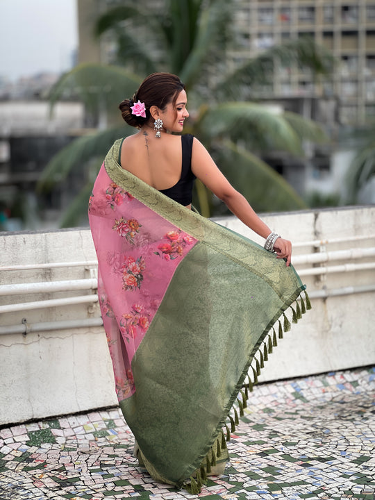 Pink Banarasi Silk Blend Saree With Blouse Piece