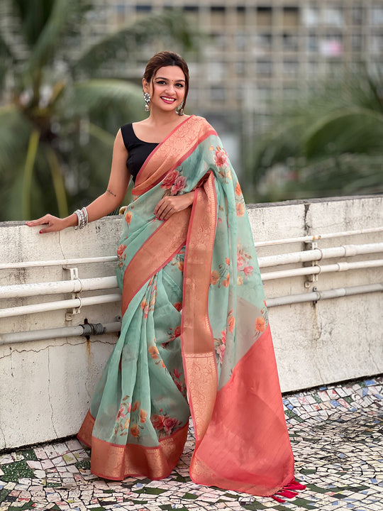 Sky Banarasi Silk Blend Saree With Blouse Piece