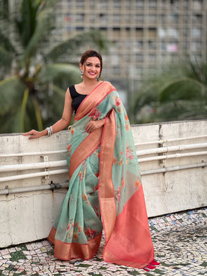 Sky Banarasi Silk Blend Saree With Blouse Piece