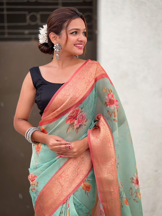 Sky Banarasi Silk Blend Saree With Blouse Piece
