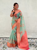 Sky Banarasi Silk Blend Saree With Blouse Piece