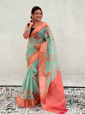 Sky Banarasi Silk Blend Saree With Blouse Piece