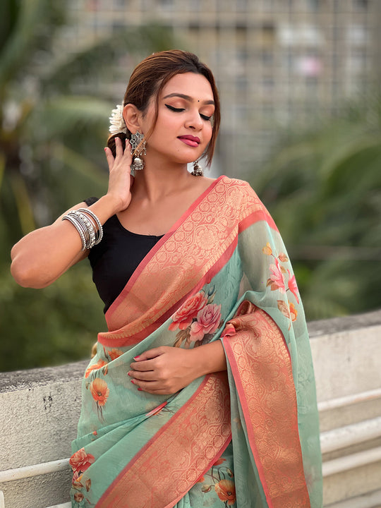 Sky Banarasi Silk Blend Saree With Blouse Piece