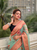 Sky Banarasi Silk Blend Saree With Blouse Piece