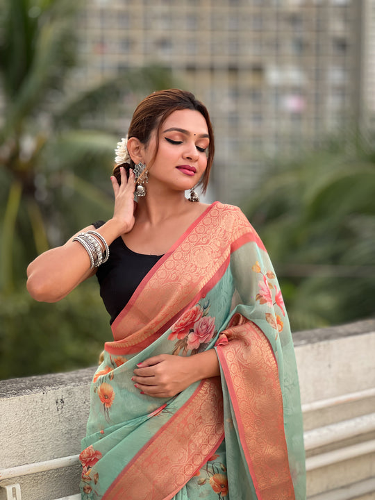 Sky Banarasi Silk Blend Saree With Blouse Piece