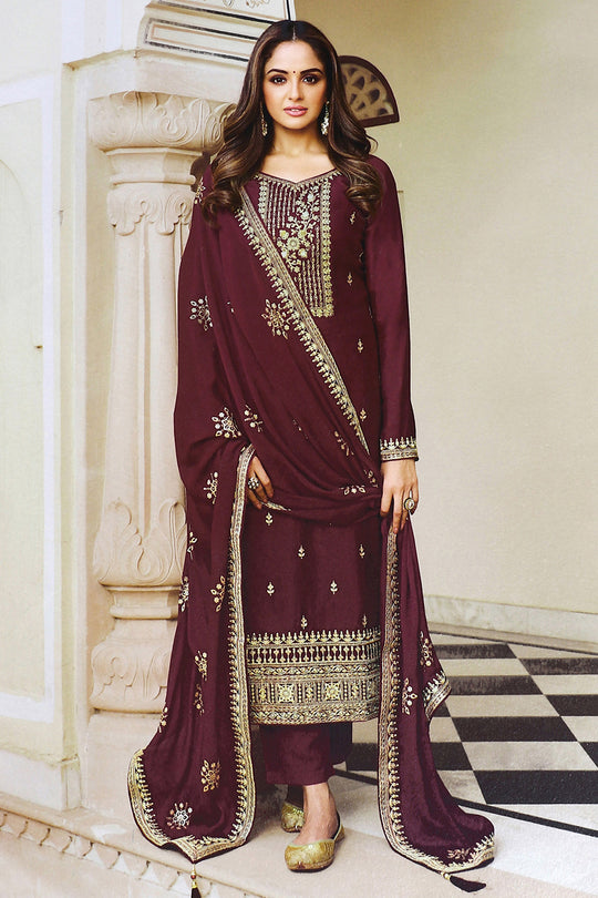 Dark Maroon Dola Silk Salwar Suit