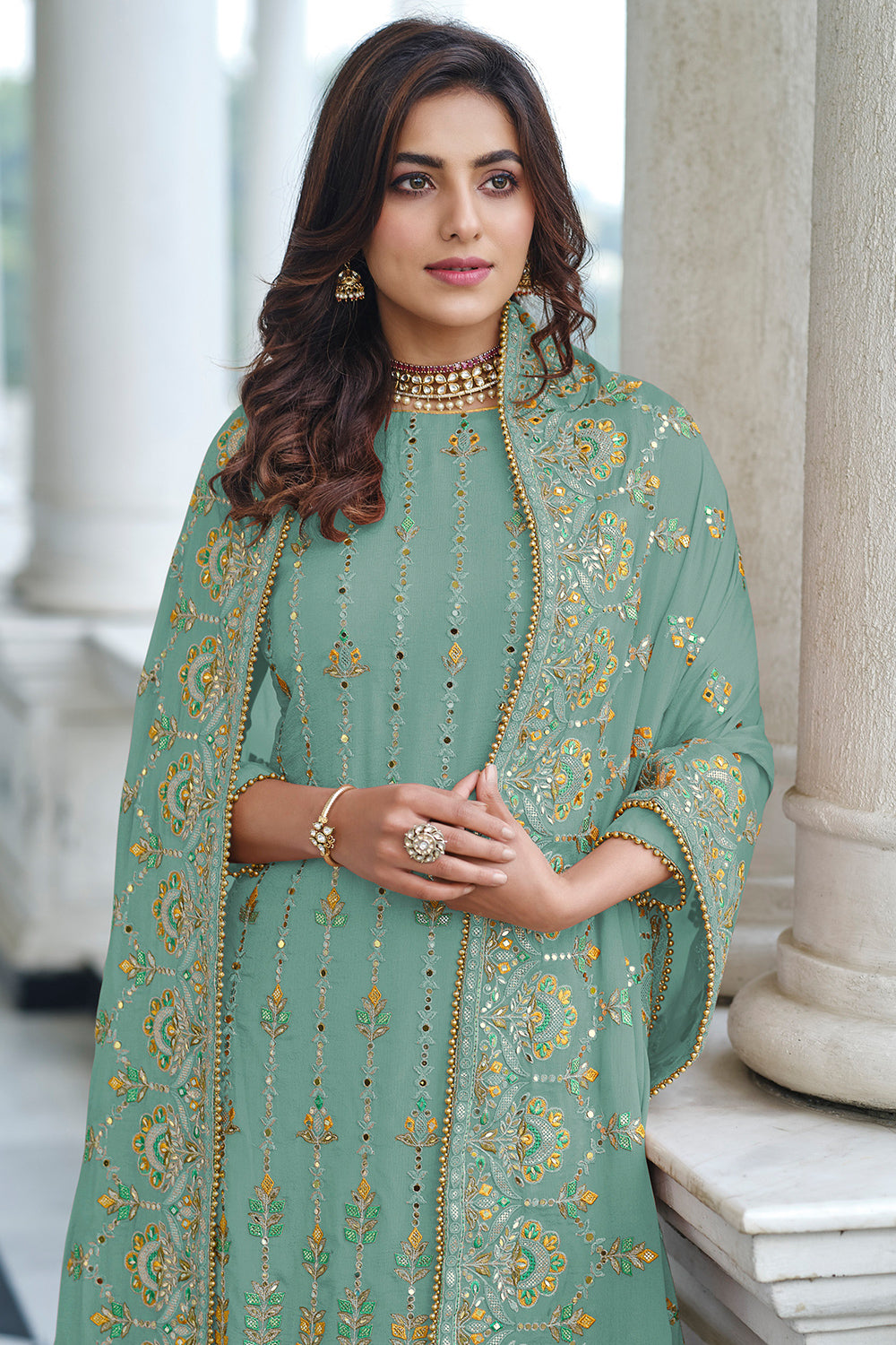 Buy Sapphire Green Georgette Salwar Suit 82895 Online | Karagiri Buy Sapphire Green Georgette Salwar Suit 82895 Online | Karagiri