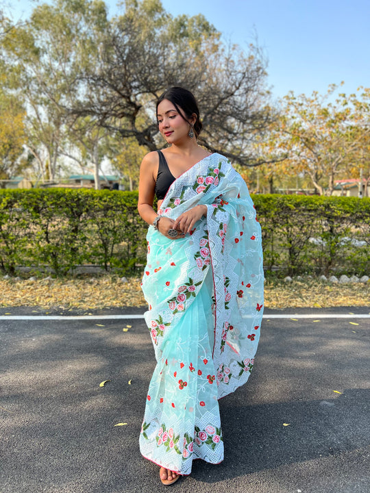 Sea Green Organza Saree With Blouse Piece