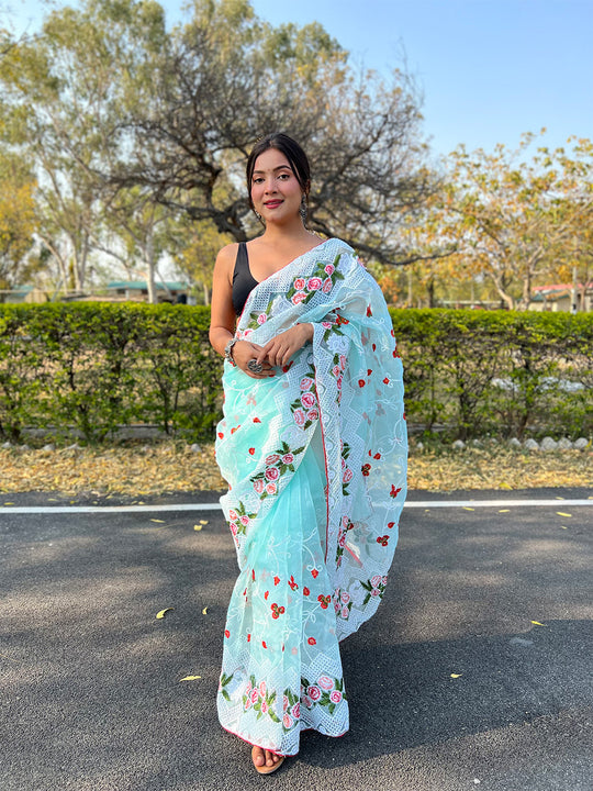 Sea Green Organza Saree With Blouse Piece
