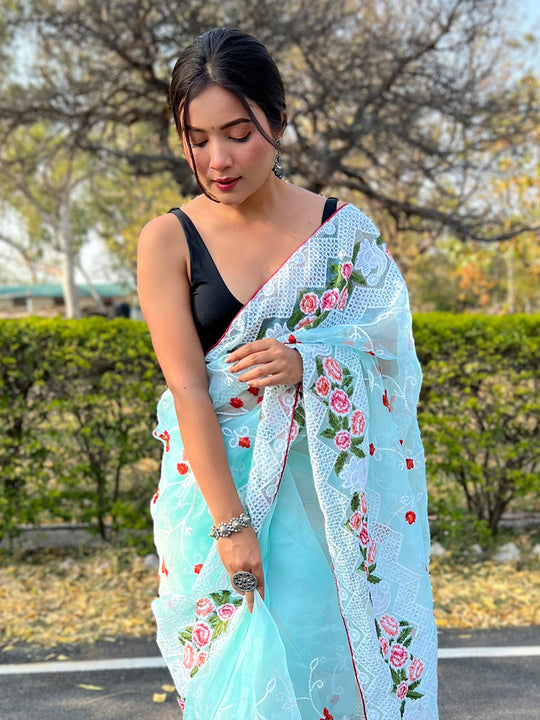 Sea Green Organza Saree With Blouse Piece