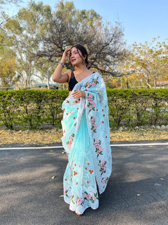 Sea Green Organza Saree With Blouse Piece